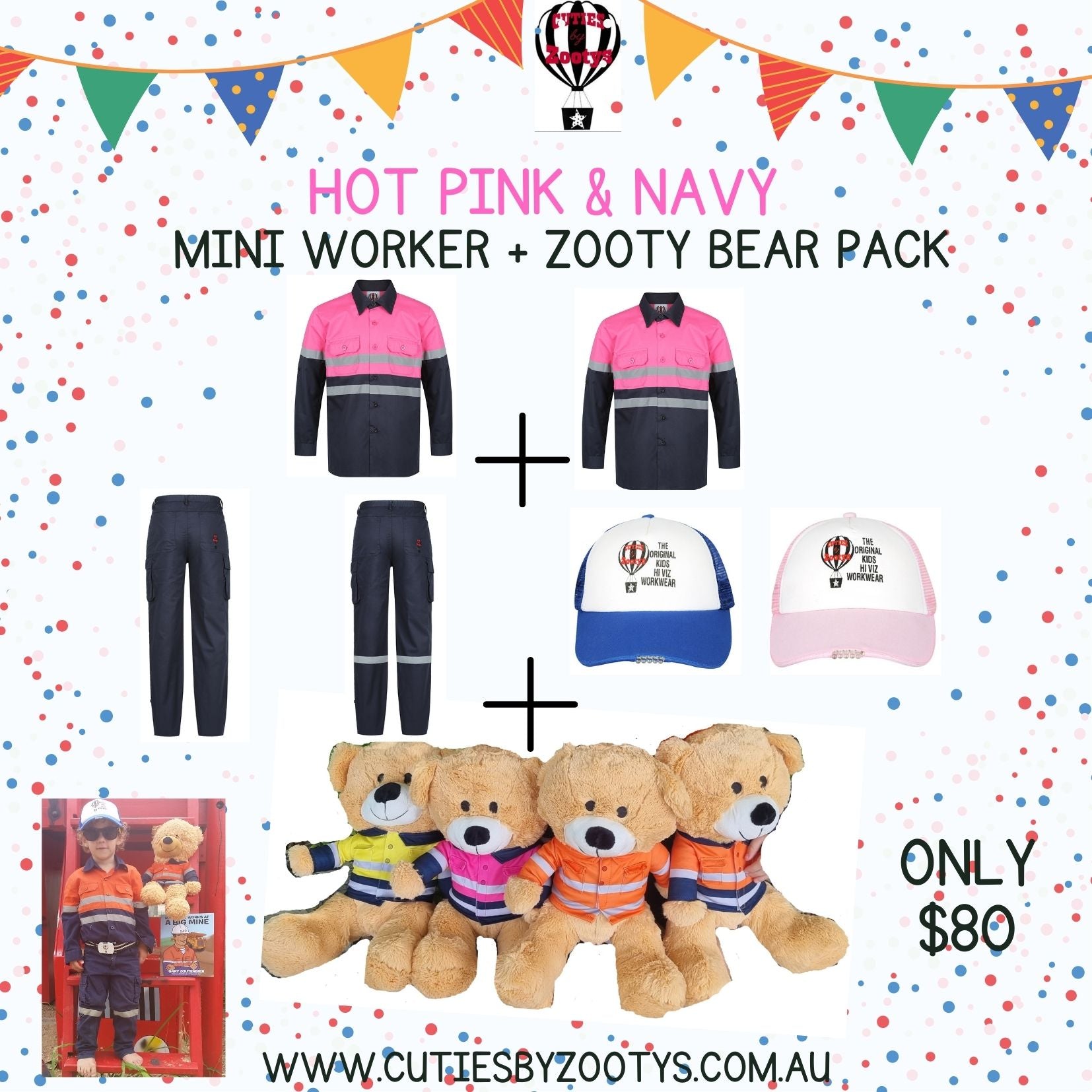 Hi Vis -Hot Pink & Navy - Mini Worker + Zooty Bear