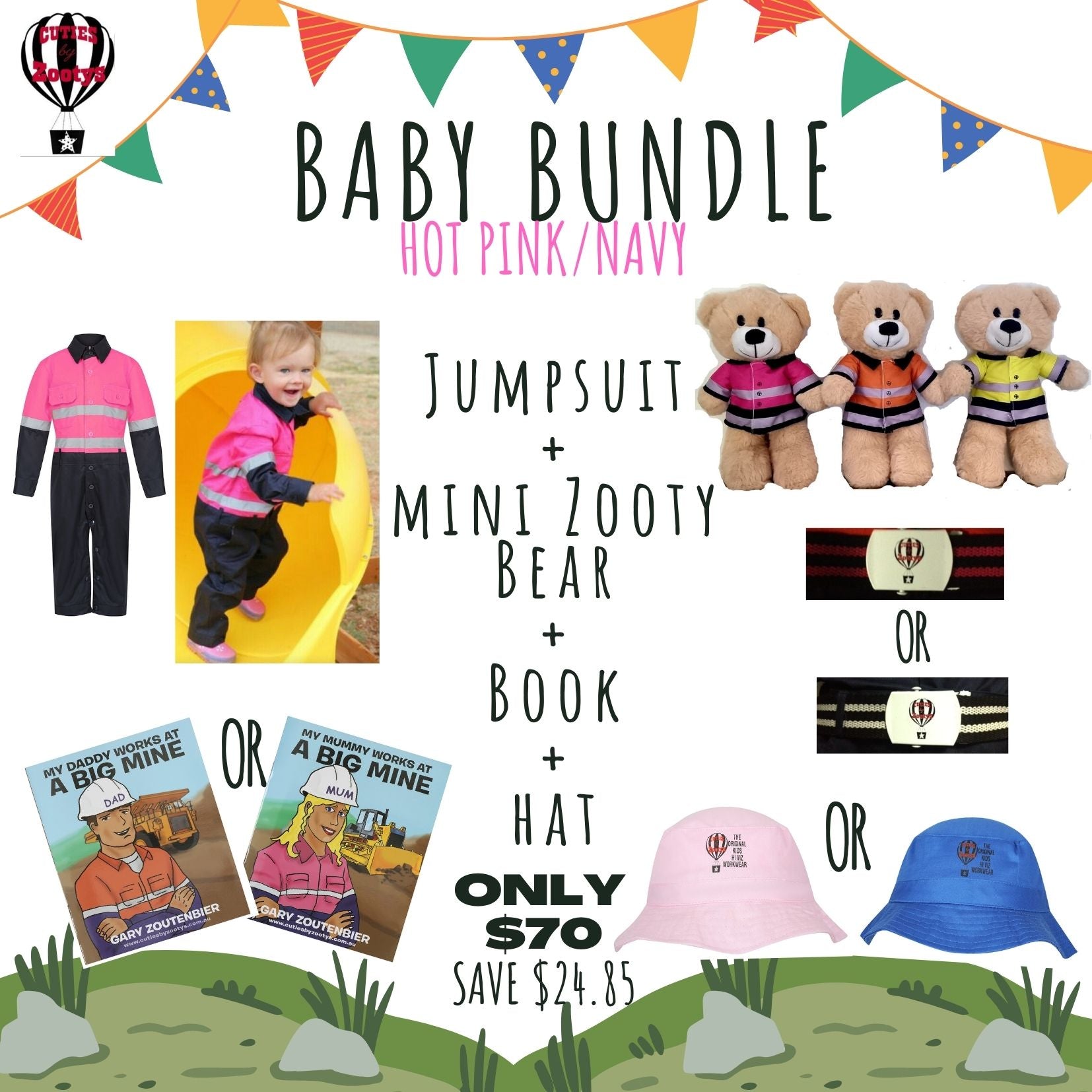 Hi Vis - Hot Pink & Navy Jumpsuit Baby Bundle + Mini Zooty Bear (Teddy Bear)