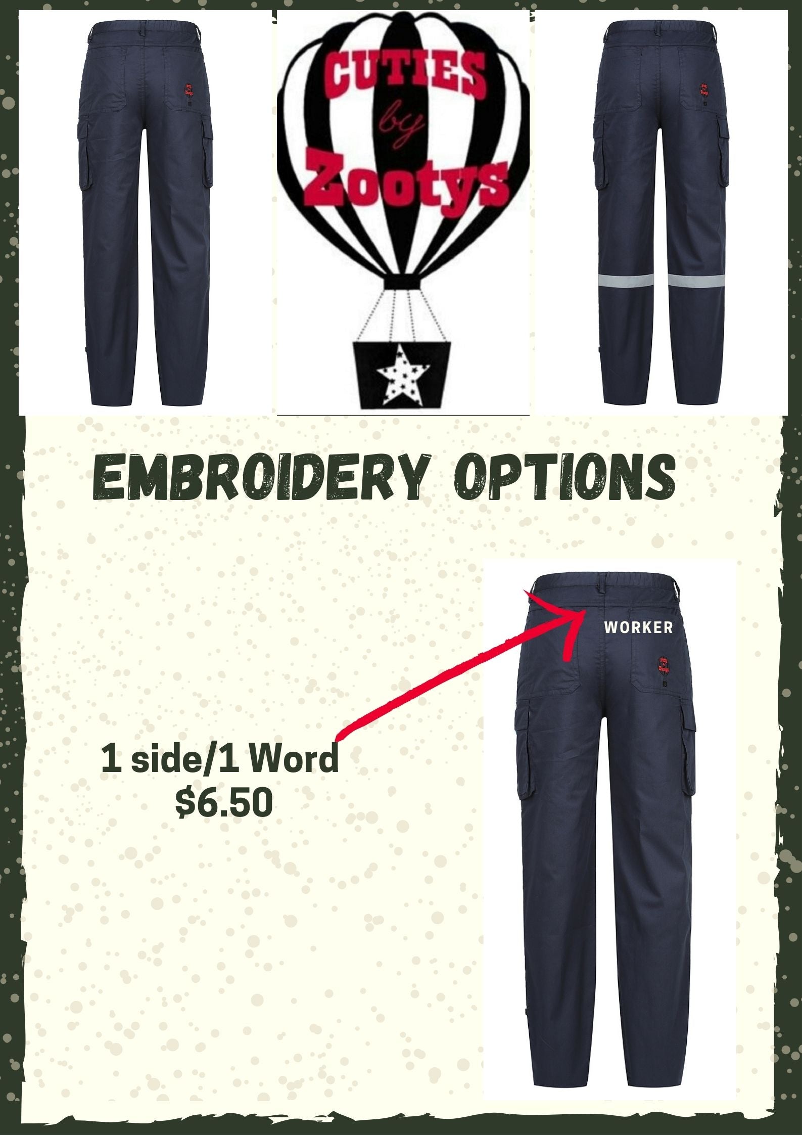 Navy Work Pants Embroidery options