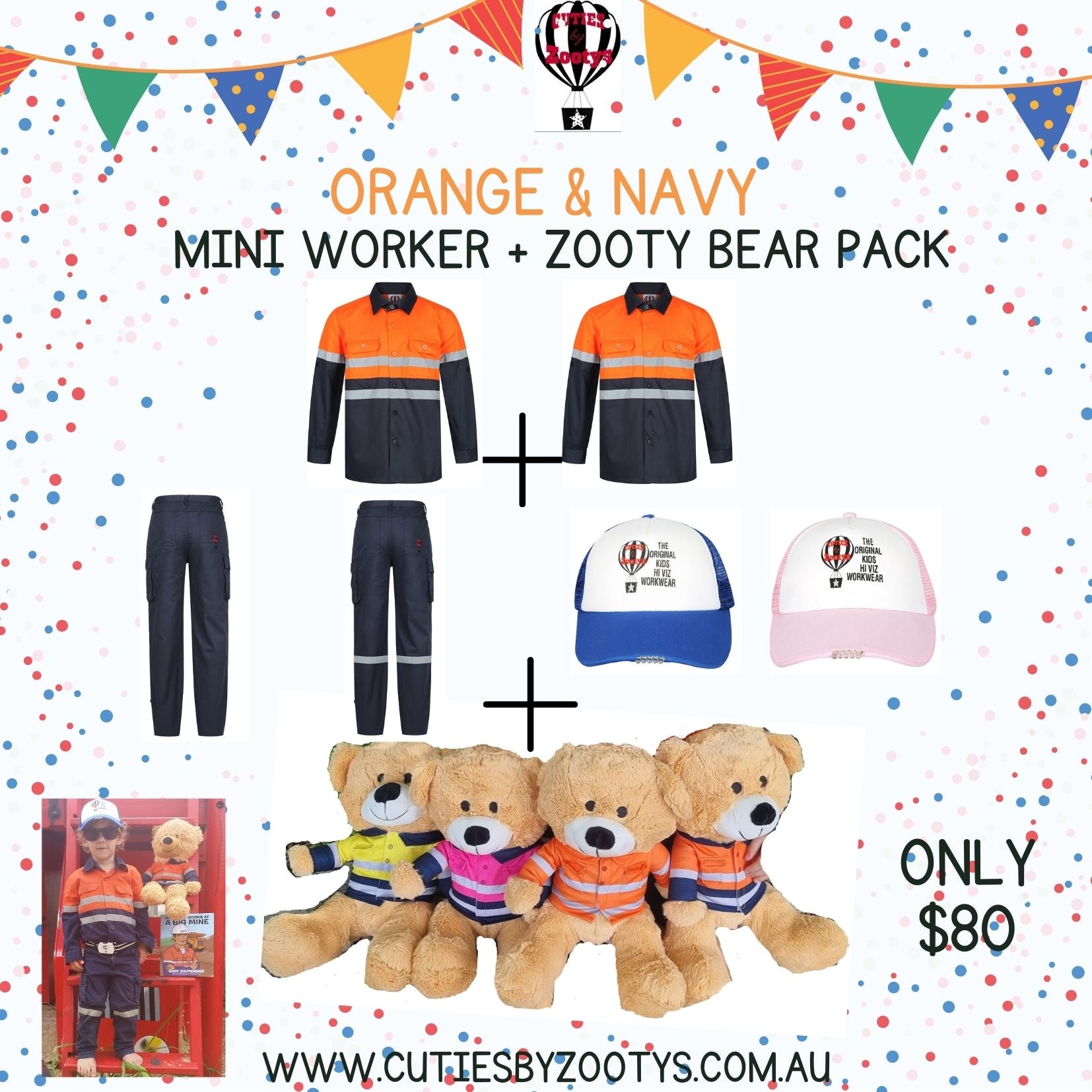 Hi Vis -Orange & Navy - Mini Worker + Zooty Bear