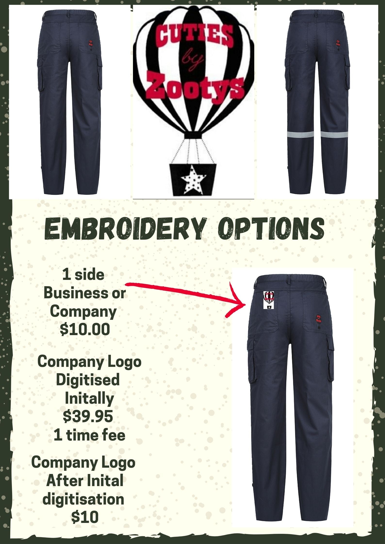 Navy Work Pants embroidery options or log
